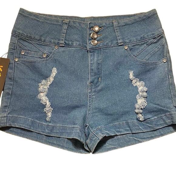 KABA Women’s Distressed, Denim Shorts, Size 7, Medium Blue, Gem Buttons/Zip - Picture 1 of 12